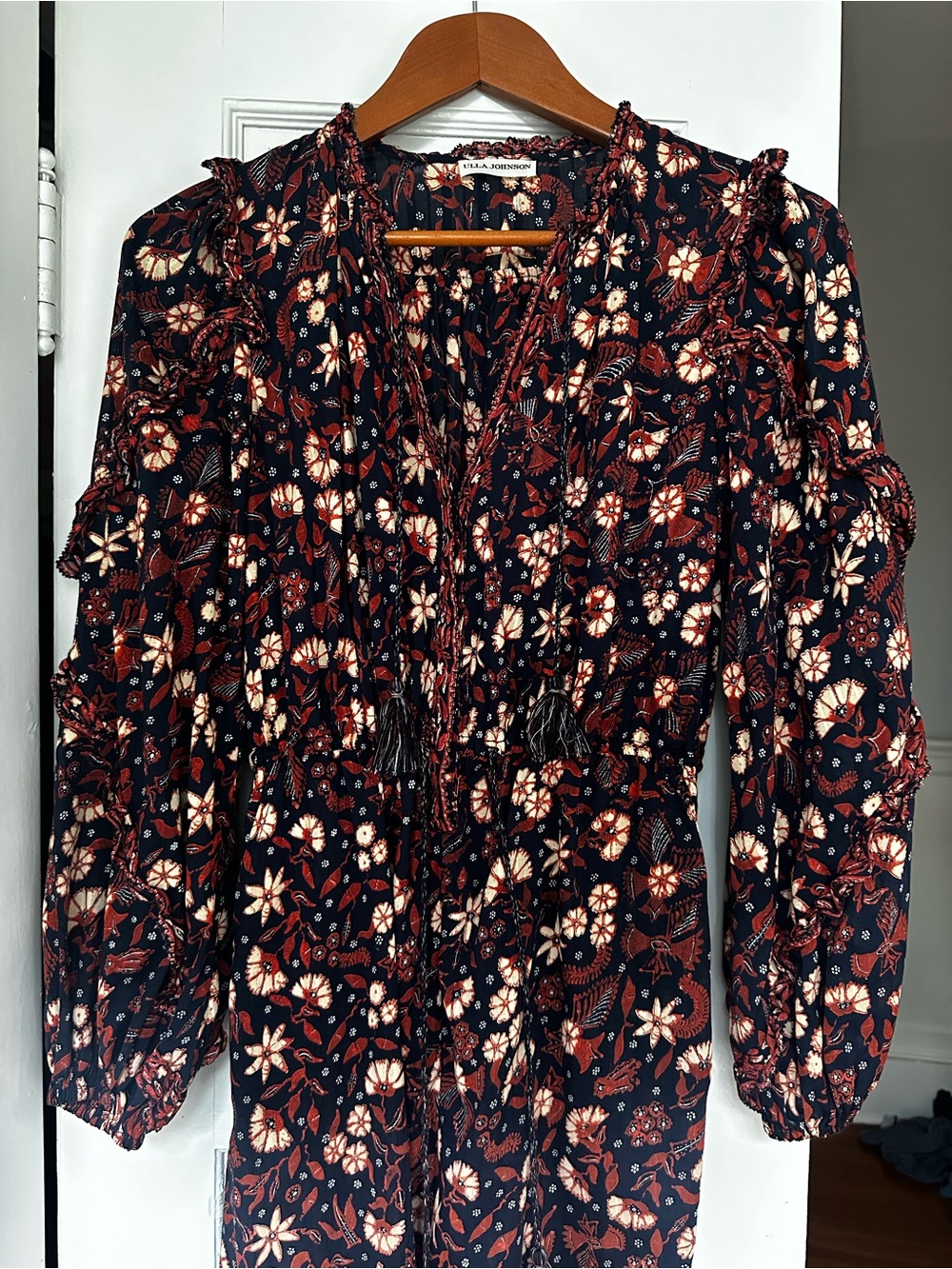 Ulla Johnson Blue Floral Long Sleeve Jumpsuit with Rust and Cream Accents